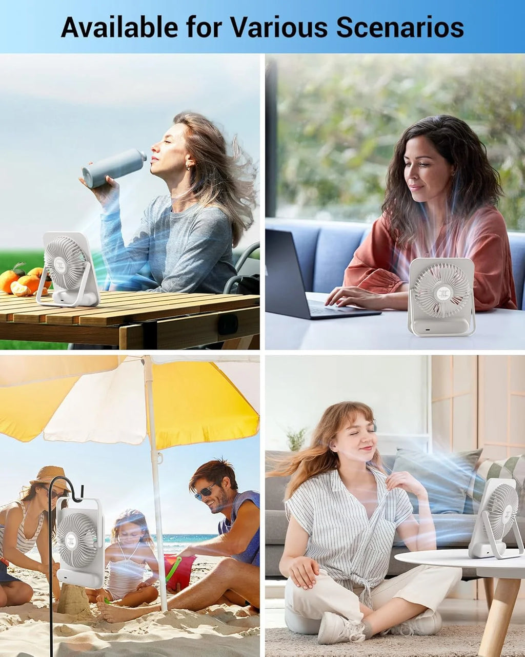 Desk Fan Portable Fan Rechargeable 2000Mah Personal Fan, Silent Small Table Fan Travel Fan for Sleeping with Display & 100-Speed, Desktop Fan for Bedroom Office Camping-White
